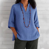 Summer Women's Clothing V-neck 34 Sleeves Cotton And Linen Loose Casual Shirt - kinko